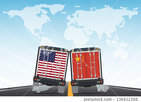 Vector illustration of delivery trucks rear view with United States and China flags Vector illustration of delivery trucks rear view with United States and China flags 136812308