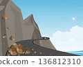 Winding mountain road along a cliff with fallen rocks on the road. 136812310