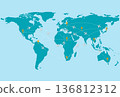 World map with airplane flying along curved dashed route. 136812312