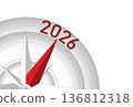 Vector illustration of a compass with the needle pointing to 2026. 136812318