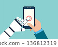 AI robot helping a man using a smartphone app. Future technology. 136812319