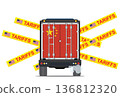 Cargo truck with the Chinese flag crashing into American Tariffs barrier tape. 136812320