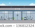 Gym building exterior with sports equipment in flat design style. 136812324
