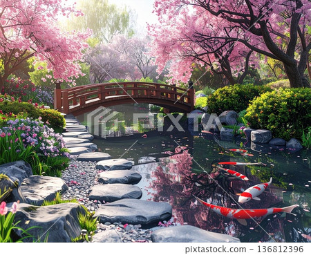 一座日式花園，櫻花盛開，還有一個池塘。 136812396