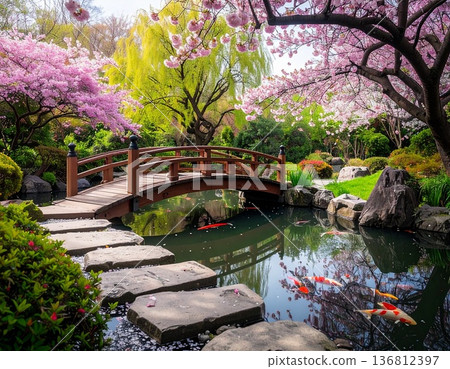 一座日式花園，櫻花盛開，還有一個池塘。 136812397