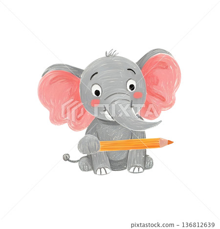 一頭大象拿著鉛筆，為正在考試的學生加油。 136812639