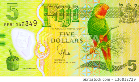 Five dollar polymer cash banknote from Fiji issue Reserve Bank of Fiji front side Five dollar polymer cash banknote from Fiji issue Reserve Bank of Fiji front side 136812729