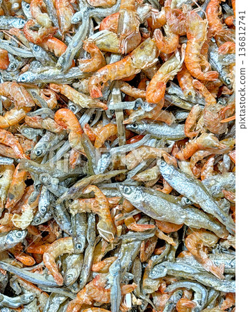 Close up view of dried small fish and shrimp, a common ingredient in Asian cuisine 136812741