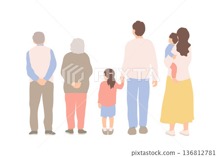 Illustration of a three-generation family standing side by side 136812781