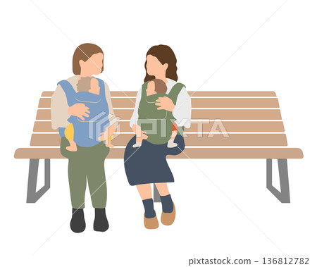 A conversation scene between mothers holding their babies on a bench 136812782