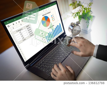 Business data analysis spreadsheet work desk scene Business data analysis spreadsheet work desk scene 136812788