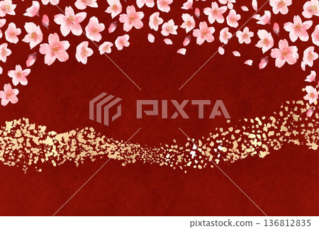 A luxurious Japanese-style background illustration featuring gold leaf and cherry blossoms in full bloom on a red Japanese paper background 136812835