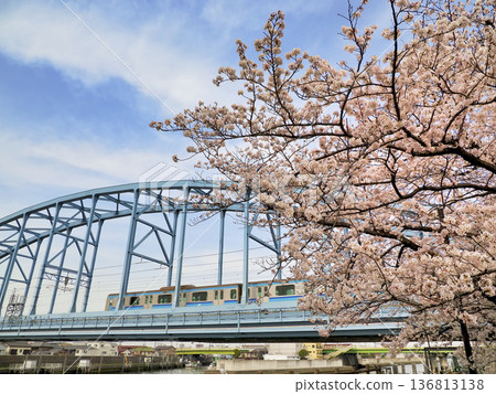 Cherry blossoms at Edogawa First Bridge on the Tokyo Metro Tozai Line and Sakaigawa West Water Gate 136813138