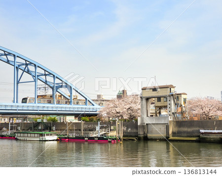 Cherry blossoms at Edogawa First Bridge on the Tokyo Metro Tozai Line and Sakaigawa West Water Gate 136813144