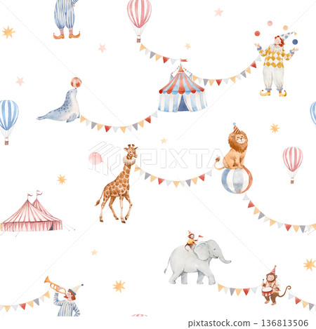 Seamless baby circus watercolor pattern with cute animals and performers. Vintage carnival background with elephant, giraffe, clowns, circus tent, balloons and stars. Perfect for nursery decor Seamless baby circus watercolor pattern with cute animals and performers. Vintage carnival background with elephant, giraffe, clowns, circus tent, balloons and stars. Perfect for nursery decor 136813506