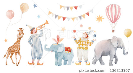Large watercolor circus elements set with cute animals and clowns. Baby elephant, giraffe, lion, circus tent, balloons and garlands. Hand drawn kids clipart for nursery, baby shower and birthday. Large watercolor circus elements set with cute animals and clowns. Baby elephant, giraffe, lion, circus tent, balloons and garlands. Hand drawn kids clipart for nursery, baby shower and birthday. 136813507