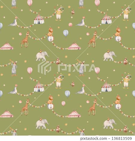 Seamless baby circus watercolor pattern with cute animals and performers. Vintage carnival background with elephant, giraffe, clowns, circus tent, balloons and stars. Perfect for nursery decor Seamless baby circus watercolor pattern with cute animals and performers. Vintage carnival background with elephant, giraffe, clowns, circus tent, balloons and stars. Perfect for nursery decor 136813509