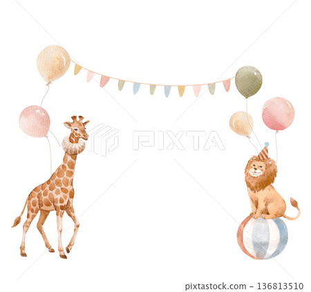 Watercolor Circus Animals Illustration with Giraffe and Lion, Cute Baby Nursery Party Art Watercolor Circus Animals Illustration with Giraffe and Lion, Cute Baby Nursery Party Art 136813510