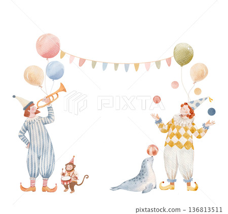Cute circus animals set, watercolor illustrations for nursery. Baby giraffe, lion, elephant, seal and monkey with balloons and garlands. Hand drawn circus clipart collection isolated on white. Baby Cute circus animals set, watercolor illustrations for nursery. Baby giraffe, lion, elephant, seal and monkey with balloons and garlands. Hand drawn circus clipart collection isolated on white. Baby 136813511