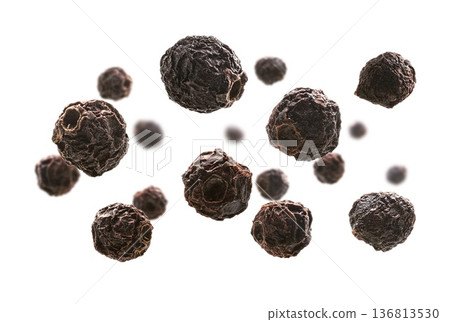 Dried hawthorn berries levitate on a white background Dried hawthorn berries levitate on a white background 136813530