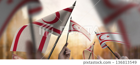 Northern Cyprus flags in their hands on a blurred urban background 136813549