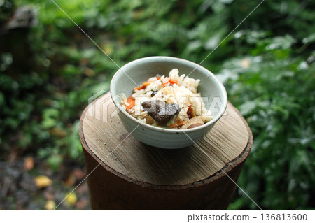 用秋季森林裡採摘的蘑菇製成的蘑菇飯 用秋季森林裡採摘的蘑菇製成的蘑菇飯 136813600