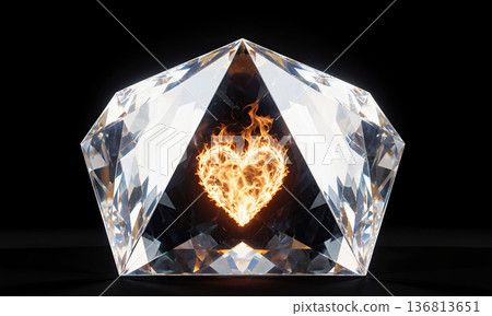 An immense crystal pyramid split open, revealing a luminous heart of fire within, symbolizing hidden passion and power beneath perfection 136813651