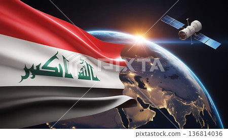 Iraqi Flag Waving in Space with Satellite and Earth Background at Sunrise 136814036