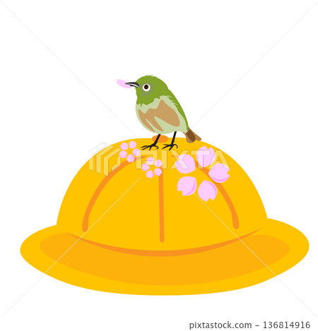 Illustration of a white-eye holding a cherry blossom petal on a yellow hat 136814916