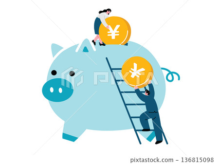 一男一女身著西裝，手裡分別拿著存錢筒和一枚硬幣。 136815098