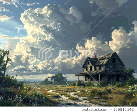 巨大的烏雲遮蔽了天空，破舊的房屋營造出令人不安的末日景象。 136815148