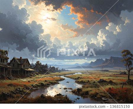 巨大的烏雲遮蔽了天空，破舊的房屋營造出令人不安的末日景象。 136815150