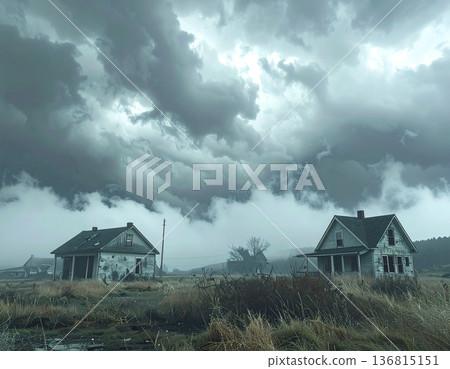 巨大的烏雲遮蔽了天空，破舊的房屋營造出令人不安的末日景象。 136815151