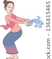 Illustration of a woman splashing water with water bowl in Songkran festival of Thailand in traditional Thai art style. 136815465