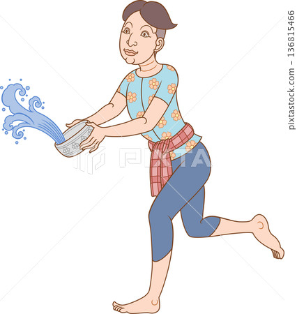 Illustration of a man splashing water with water bowl in Songkran festival of Thailand in traditional Thai art style. Illustration of a man splashing water with water bowl in Songkran festival of Thailand in traditional Thai art style. 136815466
