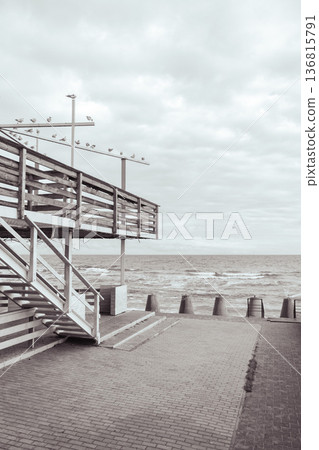 Seagulls sitting on coastal building on the Black Sea beach. Flock of birds on winter beach. Seagulls on atmospheric mood seascape background. Birdwatching process. Birds sitting on geometry lines. Seagulls sitting on coastal building on the Black Sea beach. Flock of birds on winter beach. Seagulls on atmospheric mood seascape background. Birdwatching process. Birds sitting on geometry lines. 136815791