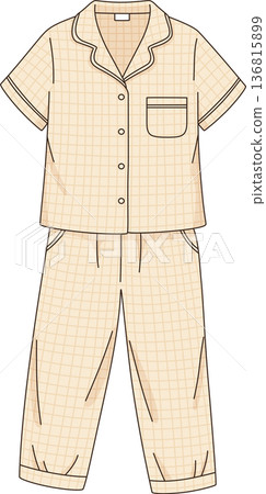Minimalist Hand Drawn Illustration of a Cute Yellow Grid Pajama Set with Short Sleeve Button-Up Shirt and Matching Pants for Cozy Loungewear Concept 136815899