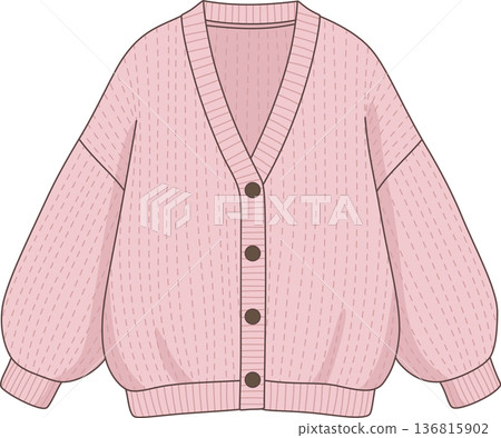 Minimalist Hand Drawn Illustration of a Pink Knitted Cardigan Sweater with Buttons and Texture for Cozy Loungewear and Casual Fashion Concept 136815902