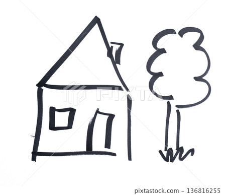 a little house with the garden drawn with black marker a little house with the garden drawn with black marker 136816255
