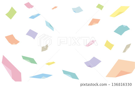 A pastel colorful background illustration with lots of colored paper flying around in pieces and copy space A pastel colorful background illustration with lots of colored paper flying around in pieces and copy space 136816330