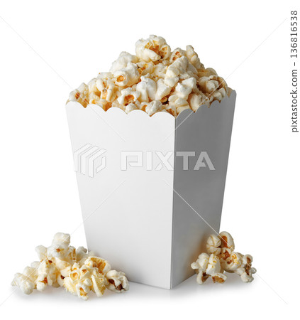 Popcorn in cardboard bucket isolated on white background 136816538