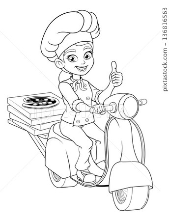Chef Woman on Scooter Delivering Pizza Chef Woman on Scooter Delivering Pizza 136816563