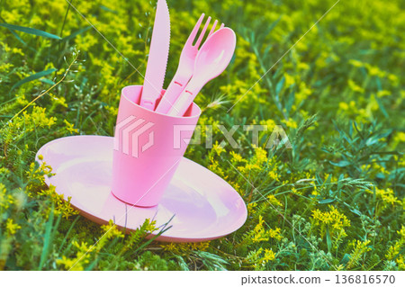 Camp plastic dinnerware set.Cup,fork,knife,spoon 136816570