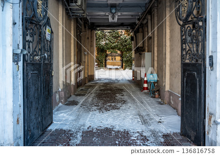 Snowy winter cityscape of UNESCO historic center of Odessa, Ukraine 136816758