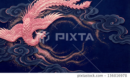 這款精美的裝飾品以深藍色背景為襯托，呈現出一隻金色鳳凰和立體雲朵的圖案。閃閃發光的鳳凰象徵著對未來的希望。 136816978
