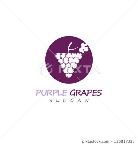 Purple grapes bunch with green leaf on stem illustration icon 136817323