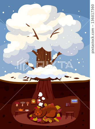 Winter tree snow white, cute Bear is sleeping in a burrow, hole 136817360