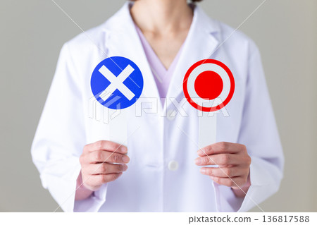 A middle-aged female doctor in a white coat holding a rounded plate and worrying A middle-aged female doctor in a white coat holding a rounded plate and worrying 136817588