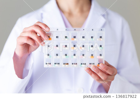A middle-aged female doctor in a white coat holding a medicine pill case A middle-aged female doctor in a white coat holding a medicine pill case 136817922
