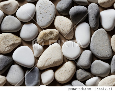 Top View of Smooth White, Grey, and Beige Pebbles - Natural Zen Stone Background and Seamless Rock Texture for Wellness and Spa Design 136817951